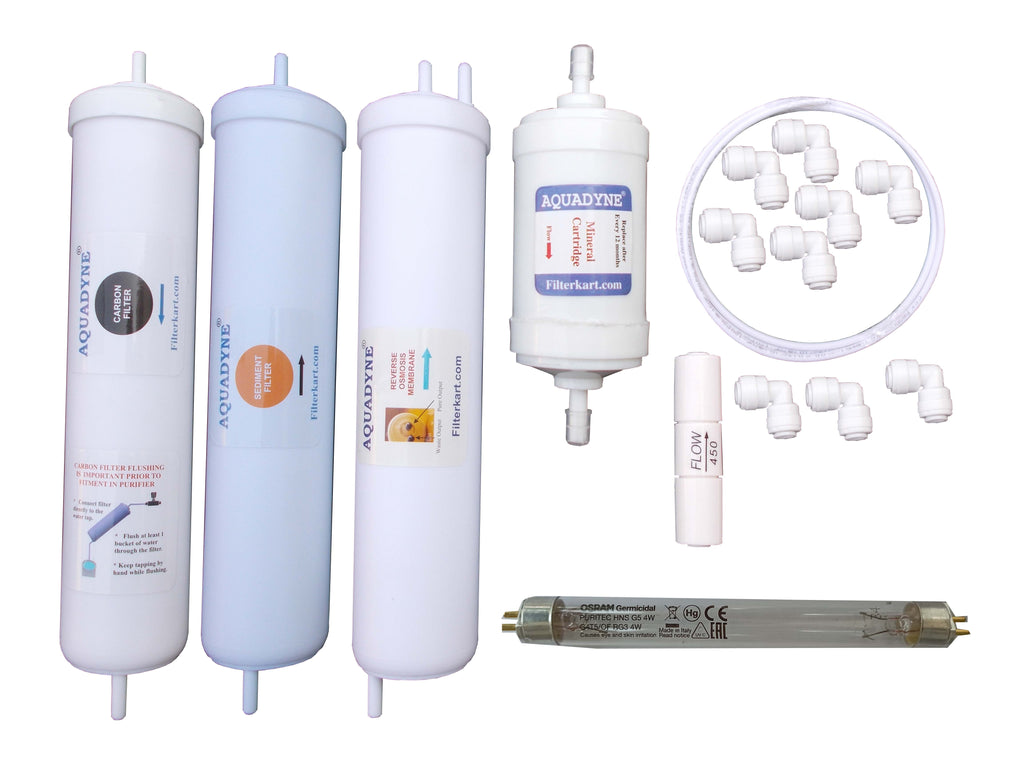 Aquadyne Compatible RO Service Kit for Aquasure Xpert RO + UV Water Purifier | Complete Filter Replacement Kit with UV Lamp & Mineral Cartridge | DIY Installation Guide + Tele & Video Support (1 Set, White)