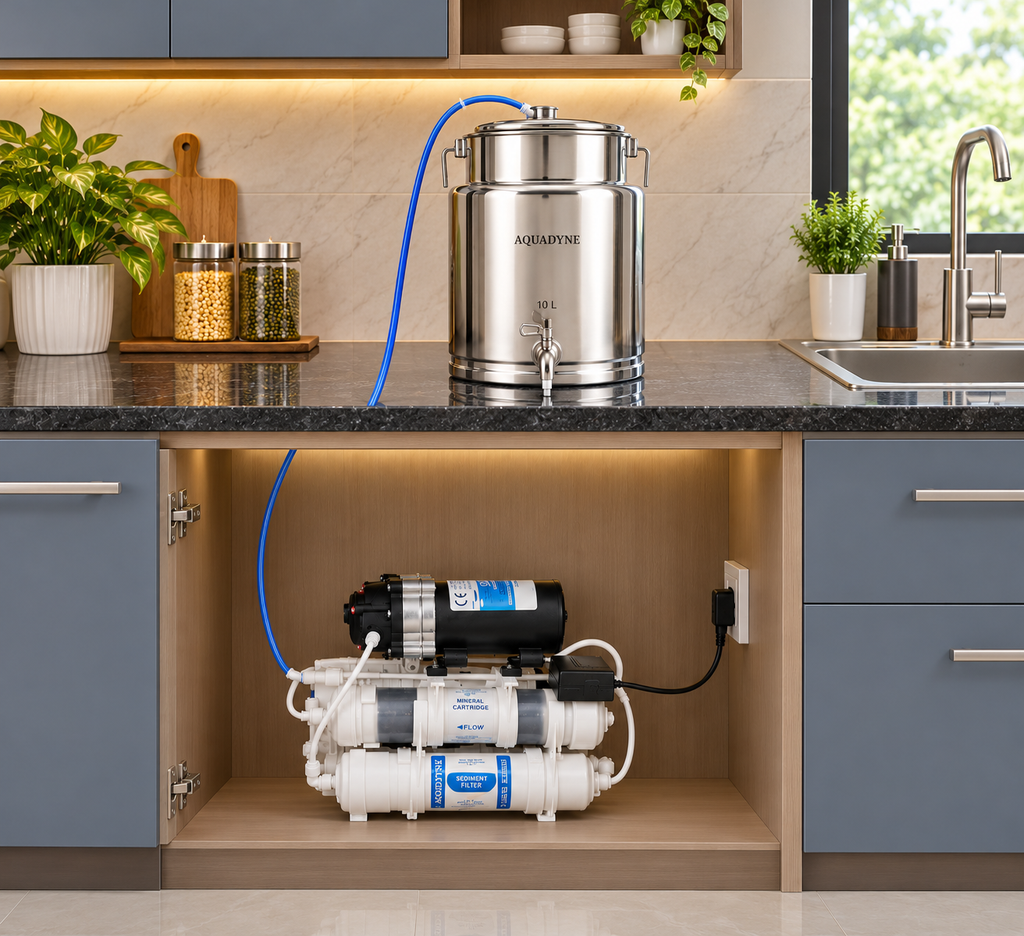 Aquadyne Alkaline RO Water Purifier 16 LPH with Autofilling Stainless Steel Dispenser