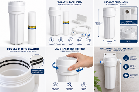 Aquadyne Heavy Duty 10 Inch RO Pre Filter Housing – 150 PSI, Double O-Ring, 140g Spun Filter Included