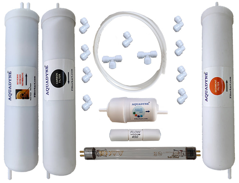 Aquadyne Compatible RO Service Kit for Aquasure Elegant RO + UV Water Purifier | Complete Replacement Filter Set with UV Lamp & Mineral Cartridge | DIY Installation Guide + Tele & Video Support (1 Set, White)