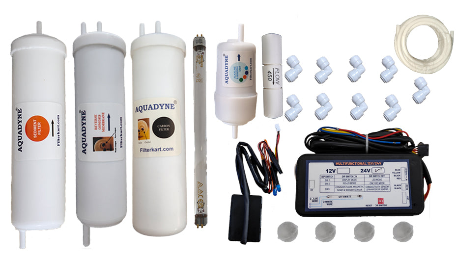 Aquadyne Compatible RO Service Kit for Aquaguard Nrich HD RO + UV + MTDS | With or Without PCB | 4-Stage Filter Kit with RO Membrane, UV Lamp, Mineral Cartridge & DIY Installation Guide