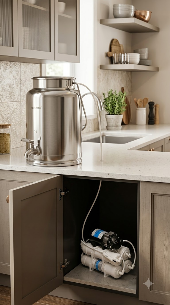 Aquadyne Alkaline RO Water Purifier 10LPH with Stainless Steel 304 Dispenser 5L Storage and Automatic Tankful Cutoff
