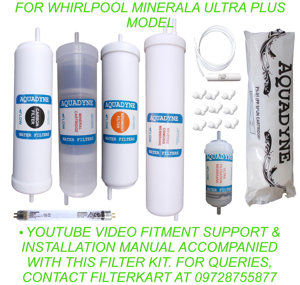 Aquadyne's RO Service Kit for Whirlpool Minerala Ultra Plus Model with Installation guide and Youtube video installation support, 1- Piece, White